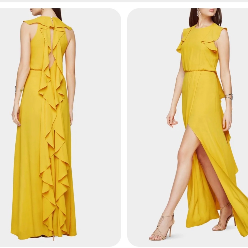 BCBG MAX AZRIA LIGHT
SUNFLOWER ANGELIKA RUFFLED GEORGETTE GOWN